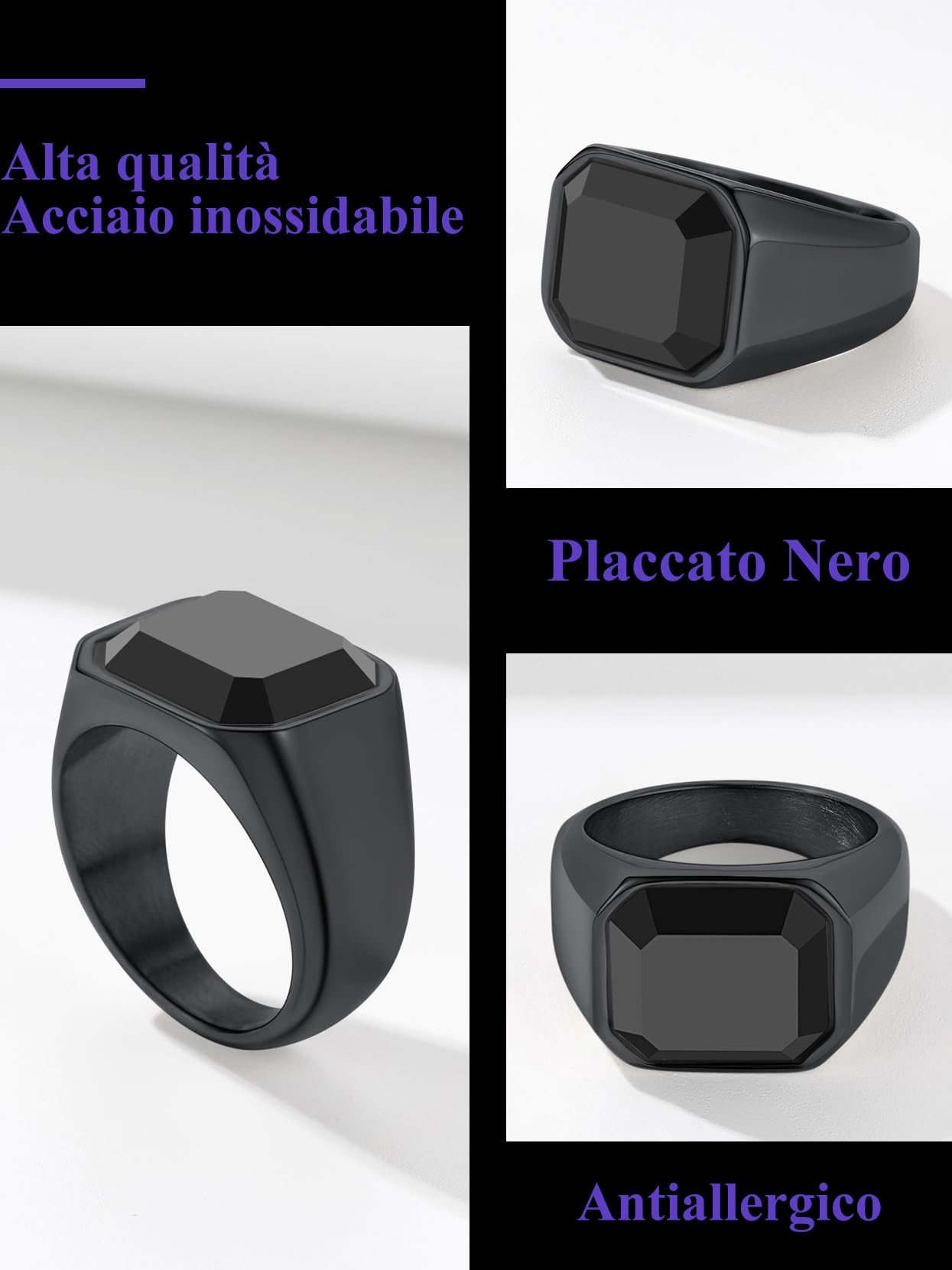 Richsteel Anello Uomo Argento Anello in Acciaio Inossidabile 316L Zircone Agata Nera Superficie Diamantata Quadrata Anello Taglia IT 14-27 Regalo Compleanno Impermeabile e Antiallergico