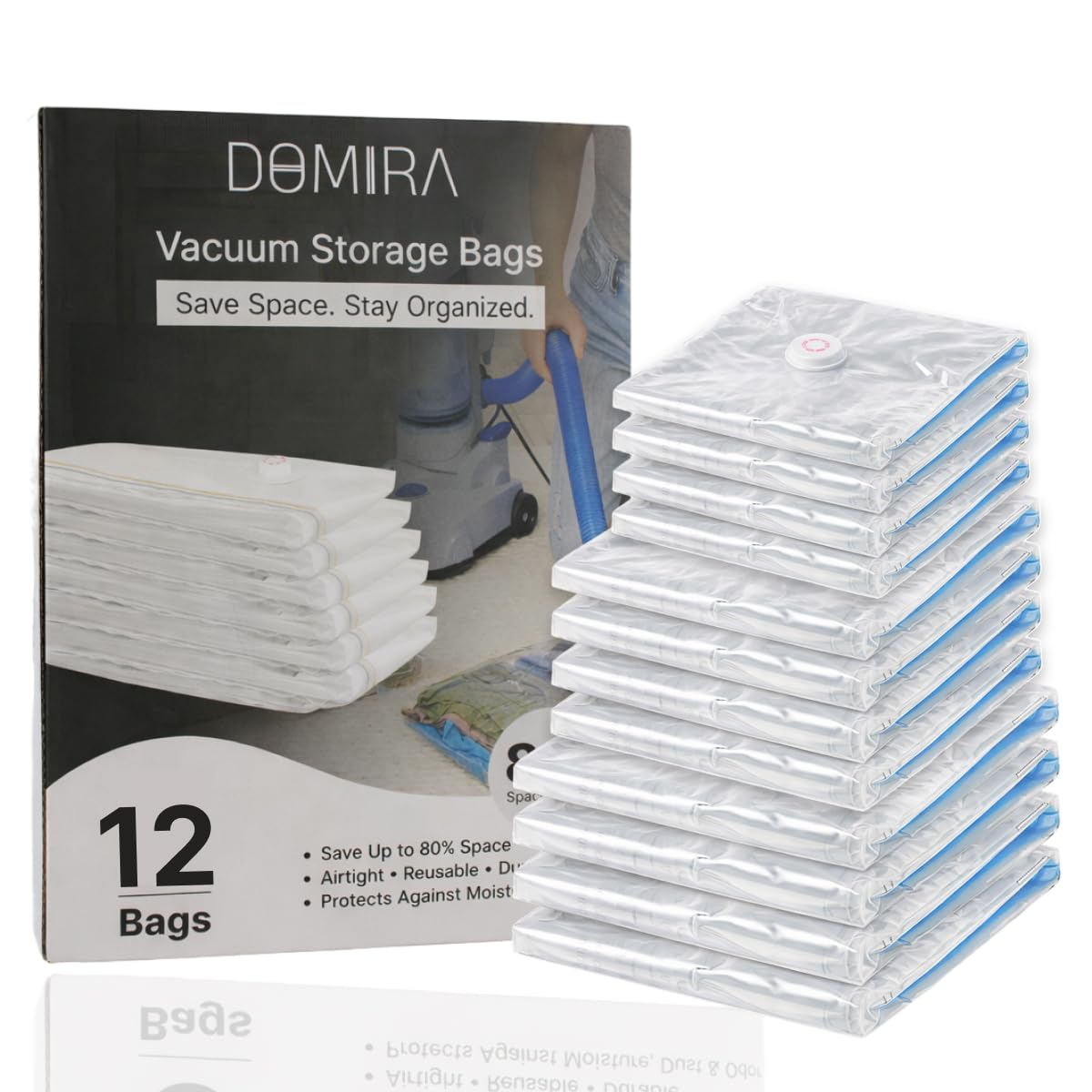 Domira Clear Vacuum Storage Bags – Space Saver Bags For Clothes, Duvets, Travel – Airtight Compression Seal – Reusable, Heavy Duty Vacuum Bags (S/M/L Mix, 12Pk)