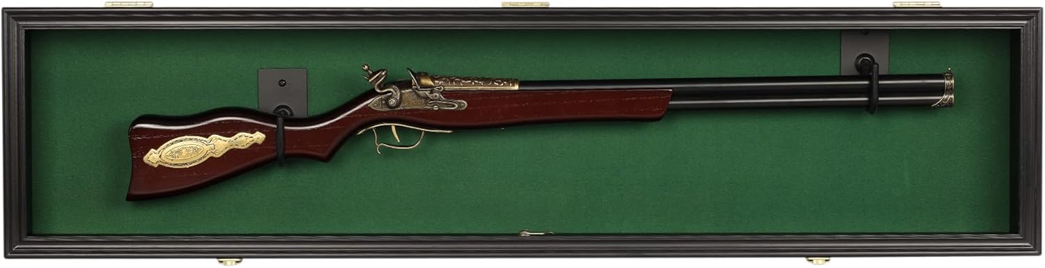 ONE 44" Rifle Gun Shotgun Display Case Saber Sword Golf Club Display Case Cabinet Rack Putter Shadow Box w/98% UV - Lockable Door (Green Felt)-Black Frame