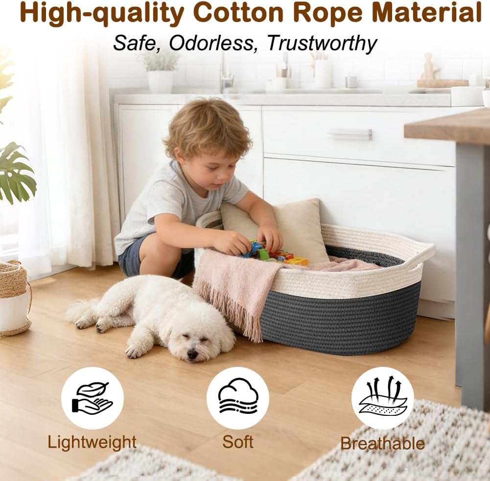 SZEE 2 Pack 30L Large Dog Toy Basket, Nursery Blanket Storage Basket for organizing, Woven Blanket Storage for Living Room, Laundry Basket with Triple-Reinforced Handles, 19.7"×11"×7.9", Brown+Gray