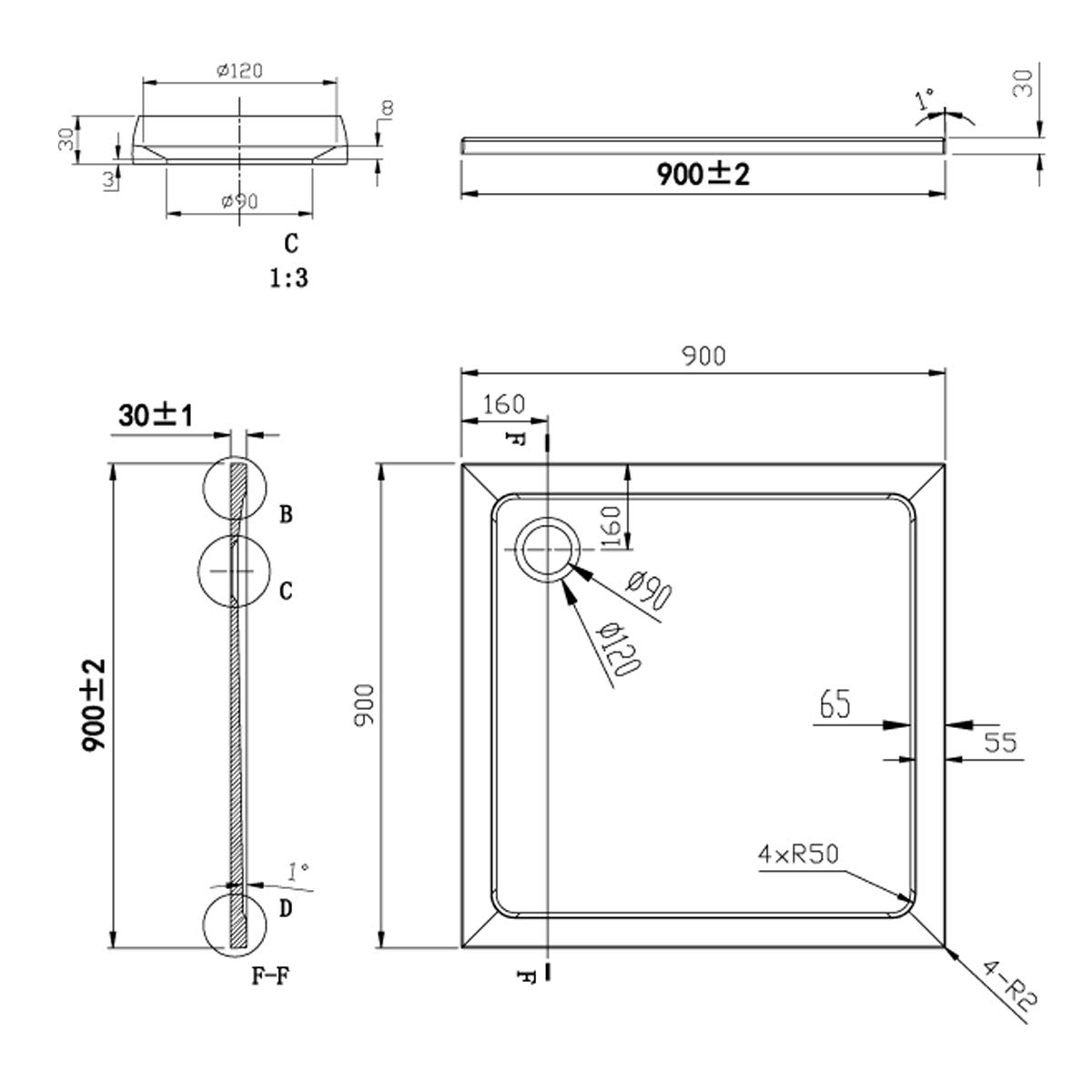 Yellowshop - Piatto doccia resina massa piena slim sottile bianco curvo quadrato rettangolare (cm 90 x 90 Quadrato)