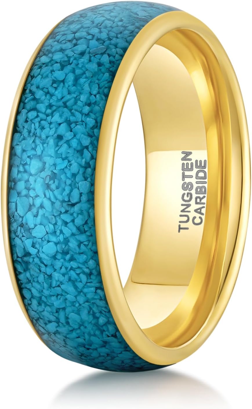 TRUMIUM 8mm Mens Wedding Band Tungsten Rings for Men Women Turquoise Inlaid Gold Mens Rings ...