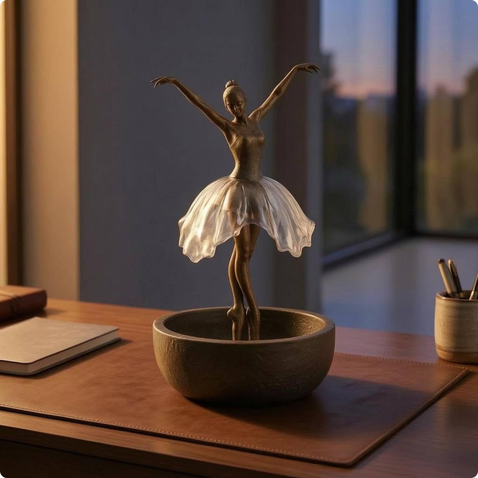 Ballerina Water Feature Raised Arms Copper Water Feature Bowl-Shaped Base Table Ornament-image-3