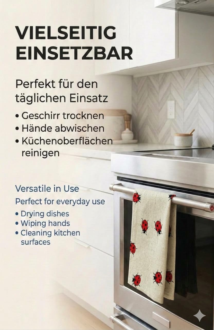 Confezione da 2 pezzi: Strofinacci da cucina di lusso in lino/cotone, asciugamani da cucina, 47 x 70 cm, misto lino, stonewashed jacquard o stampati (coccinelle)