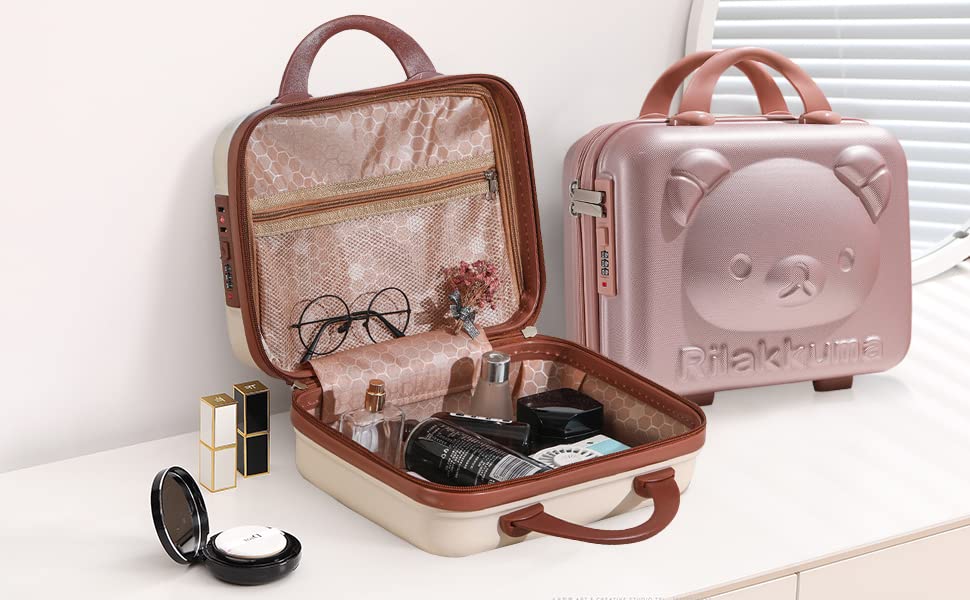 Image of Portable Hard Shell Cosmetic Bag Travel Case, Small Travel Hand Luggage With Elastic Band, Mini Abs Carrying Makeup Case Suitcase (T-Rose-Gold), 5 Cms