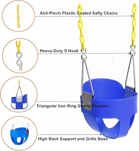 Asiento de columpio de respaldo alto para niños pequeños con cadenas de columpio recubiertas y ganchos a presión, totalmente ensamblado Azul
