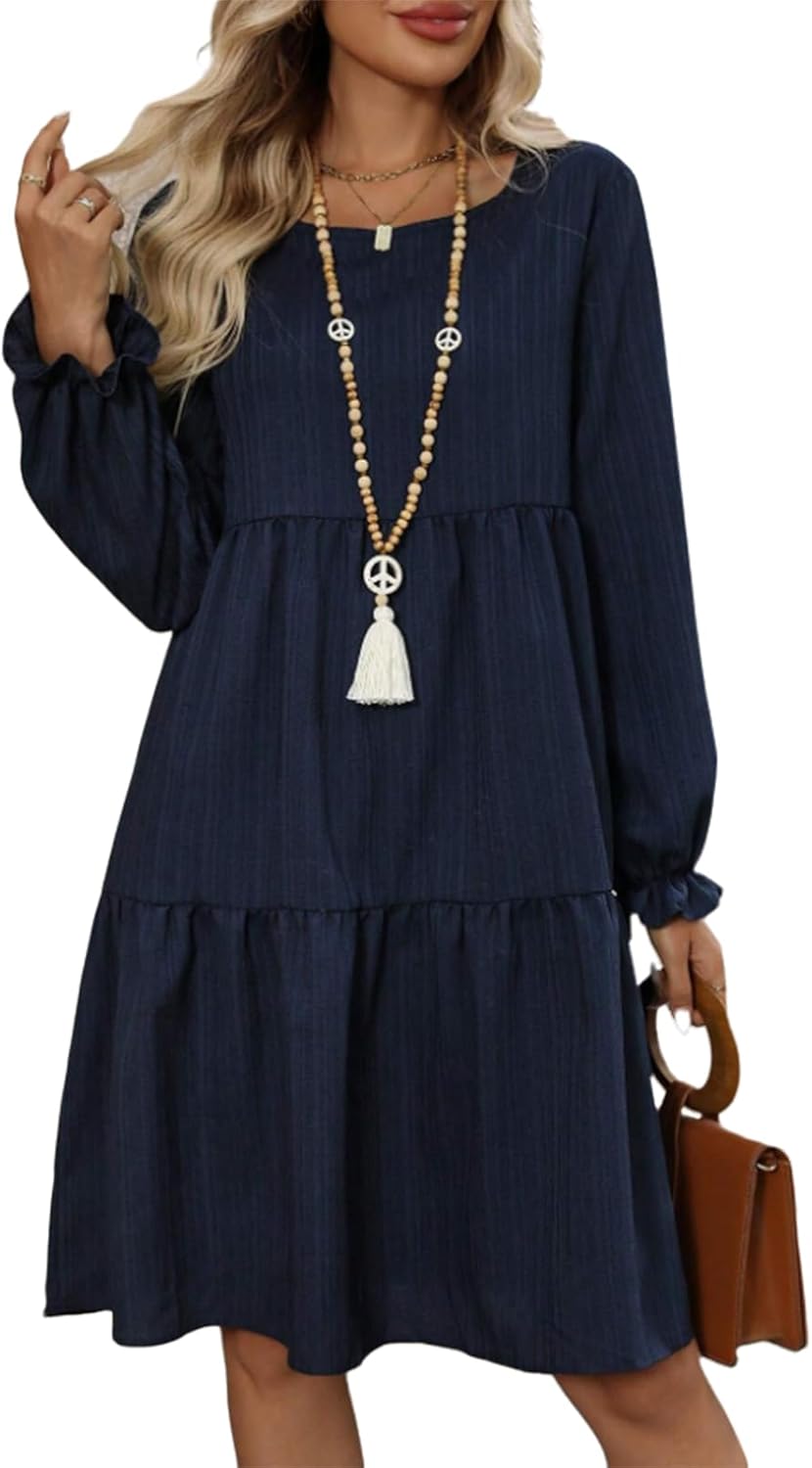 Women's Flowy Tiered Long Sleeve Dress Square Neck Slim Fit Stretch Plus Size Flowy Dresses for Women Tiered Dress