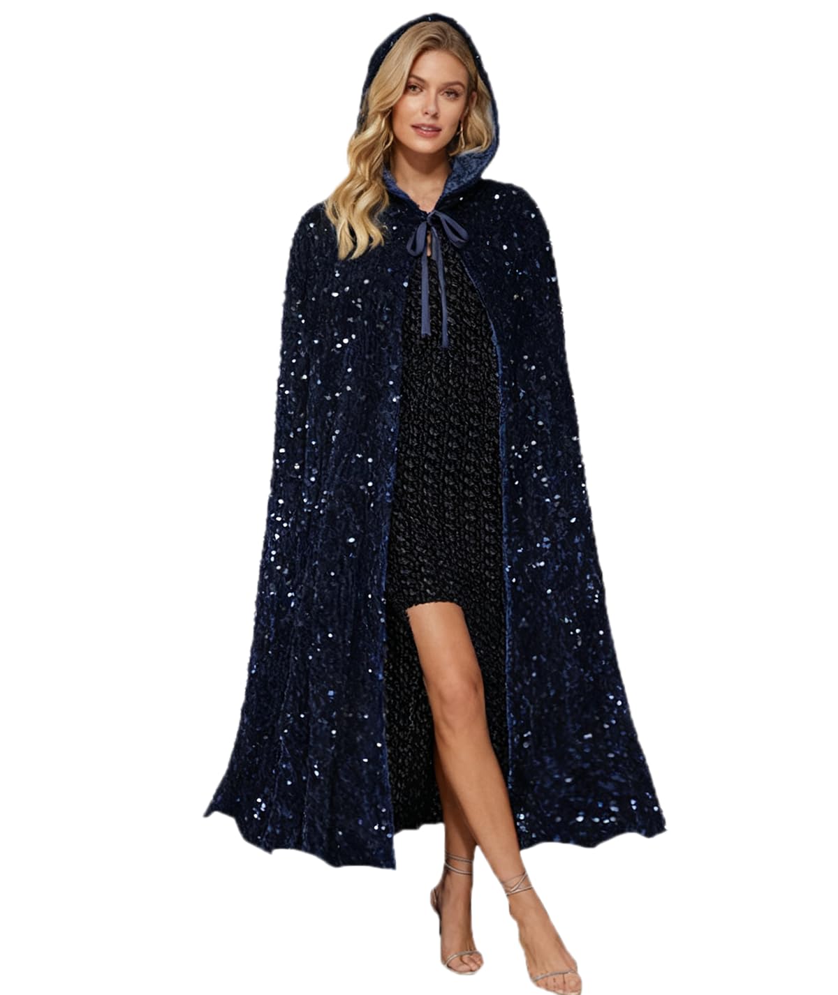 Awlsyj Womens Hooded Cloak Long Velvet Cape Halloween Costumes Robe Masquerade Party Role Cosplay (Sequin Navy Blue) โ image 1