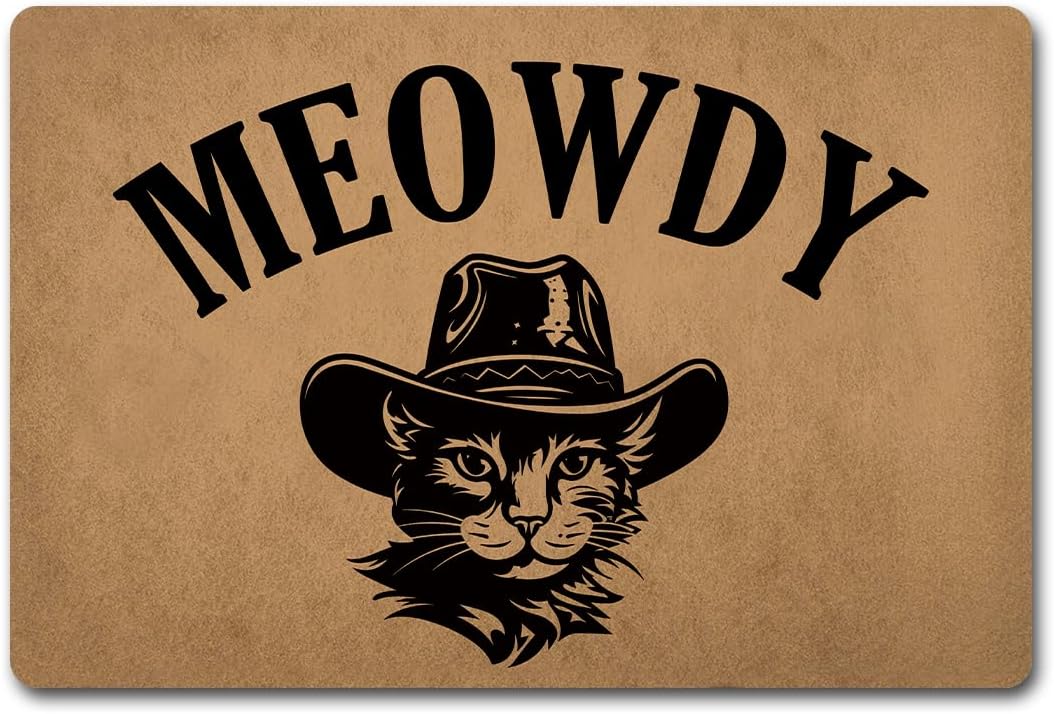 Funny Welcome Doormats Decorative Area Rugs for Front Porch Meowdy Cute Cats In Cowboy Hats Personalized Monogram Kitchen Rugs and Mats With Anti-Slip Rubber Back Novelty Gift Mat(23.7 X 15.9 in)