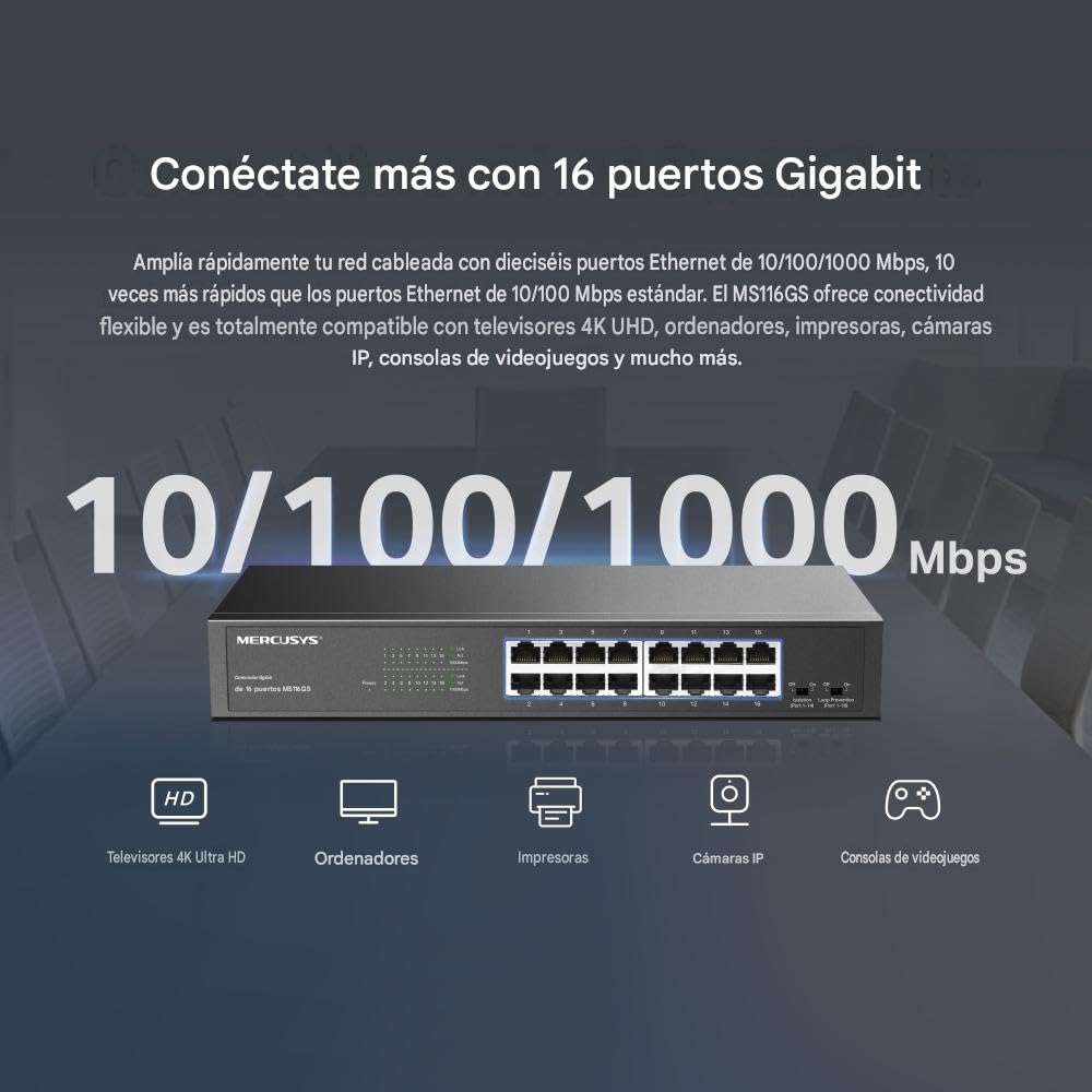 Mercusys Switch Ethernet Gigabit 16 Ports RJ45, Boîtier Métal, MS116GS | Ports 10/100/1000 Mbps, Plug & Play, Compatible avec PC TV Imprimante Caméra Routeur, Idéal pour les PME/Bureaux/Télétravail