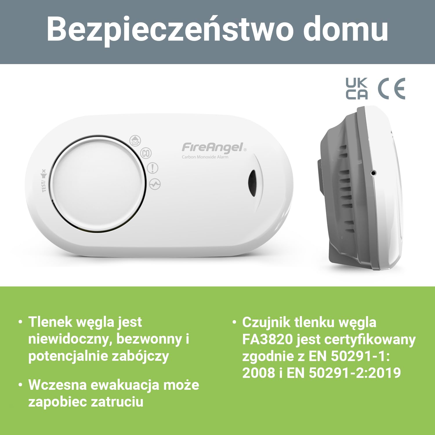 Fire Angel FA3820 czujnik czadu do domu i na wakacje – czujnik tlenku węgla z wbudowaną baterią na 10 lat – podróżny detektor tlenku węgla – biały