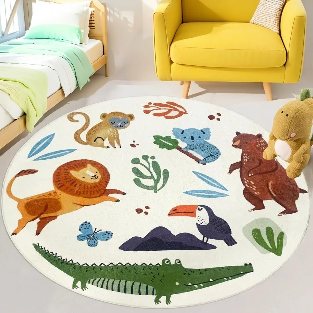Kids Play Mat Jungle Rug Circle Animal Carpet 4Ft Round Zoo Bedroom Area Rug for Boys Girls Nursery Decor Soft Playroom Throw Rug Floor Mat Kids Room Bedroom