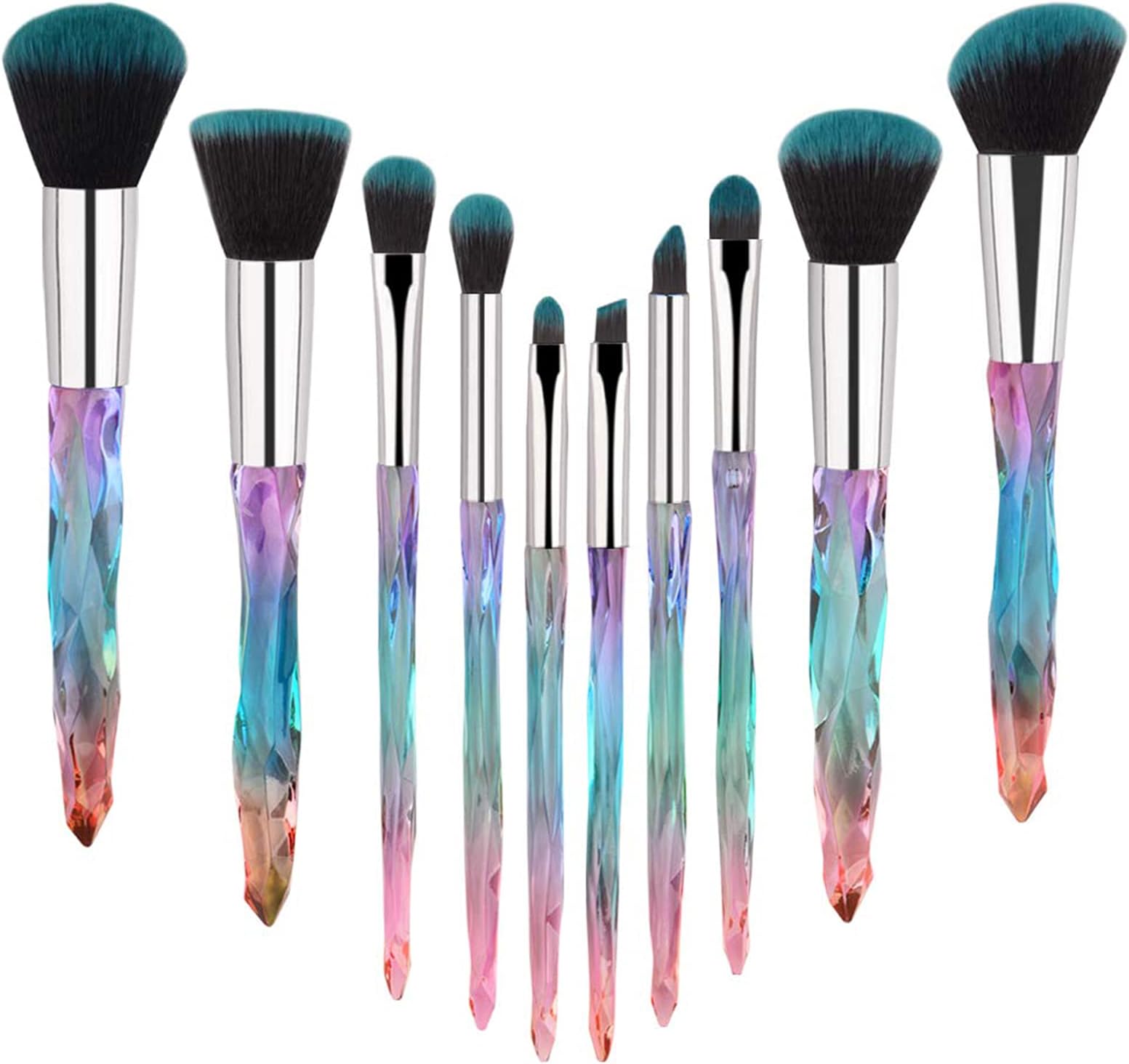 Makeup Brushes Set Crystal Handle - 10pcs Colorful Diamond Cosmetic Kabuki Brushes Foundation Concealer Face Powder Eye Shadows Highlight Brush Kit For Makeup