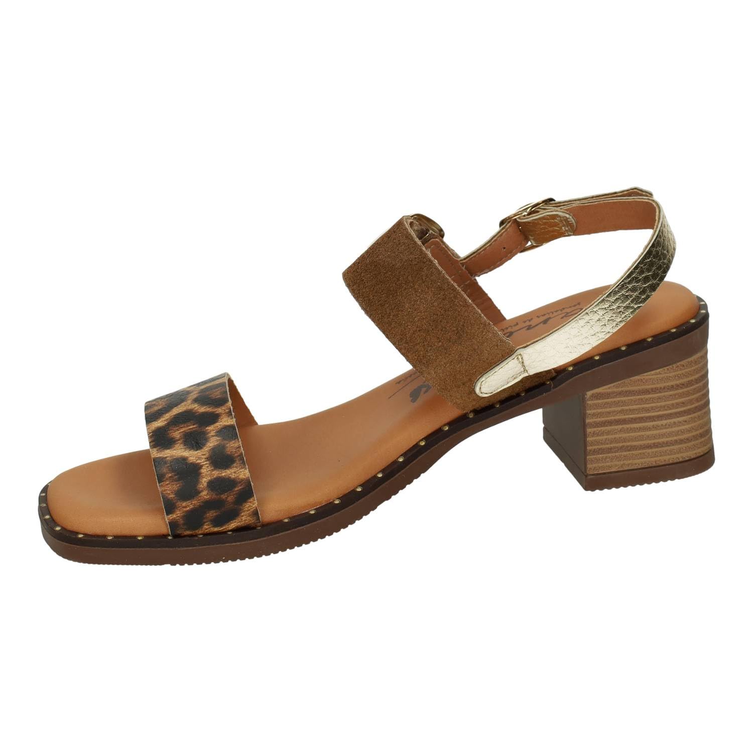 Sandali M863-T6120 Calzado de Piel Cuero Animal Print con tacón bajo, Doble sujeción y Plantilla Acolchada, Temporada Verano Mujer Sandalias