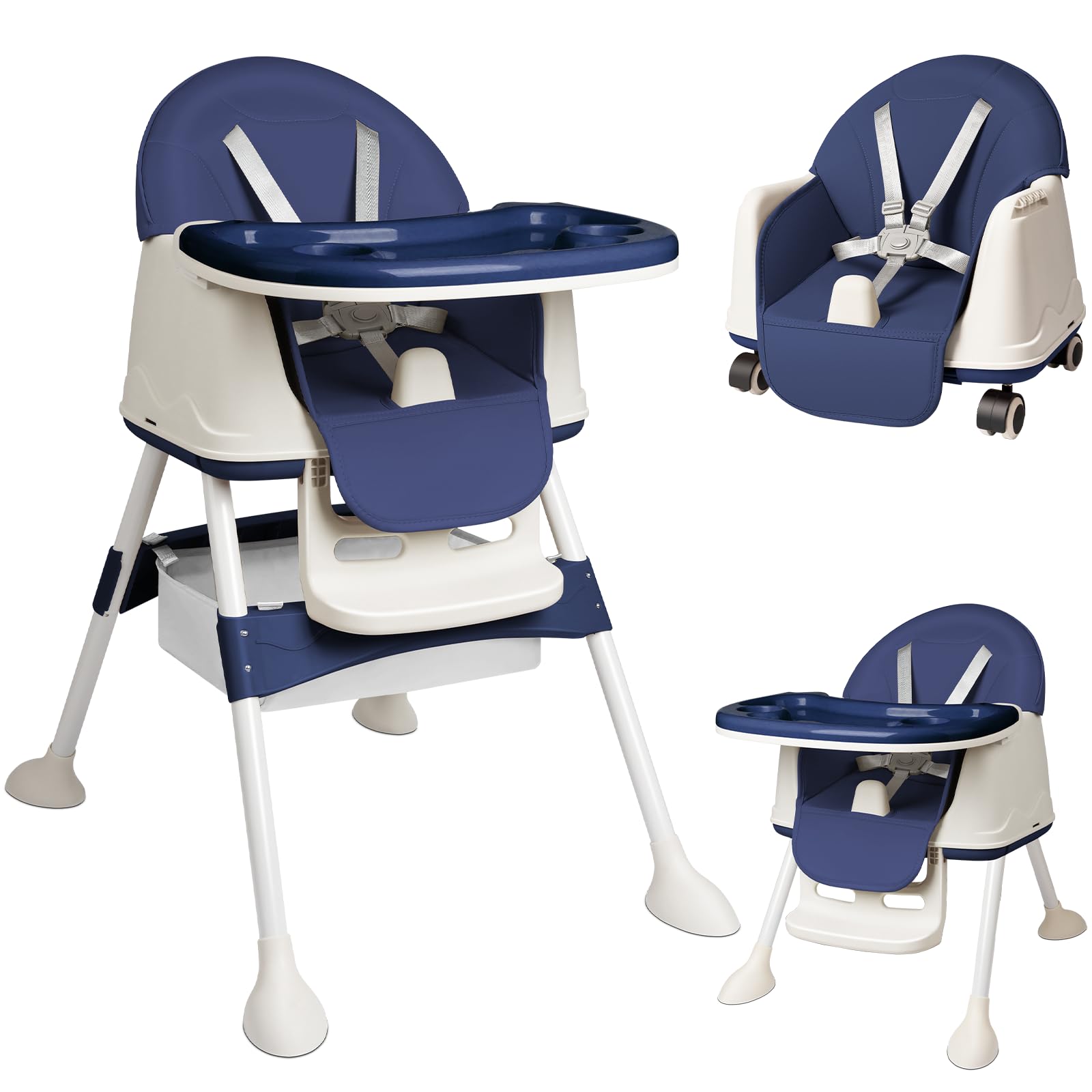 SAILUN Baby High Chair, 3-in-1 Convertible Highchairs, Comfortable Toddler Chair, Adjustable Height, Children's Booster Seat with Removable Double Tray, Wheels, Baby Chair for 6-37 Months, Blue