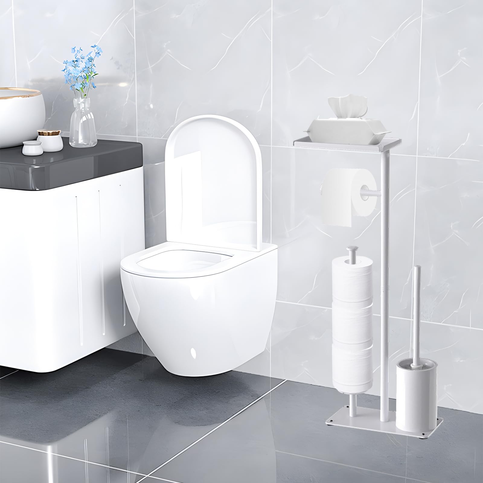 Portarrollos para Papel Higiénico, 59CM Soporte para Papel Higiénico De Pie De Metal con Estante Superior con Escobilla para Baño Y Hogar con Capacidad para 3 Rollos De Repuesto