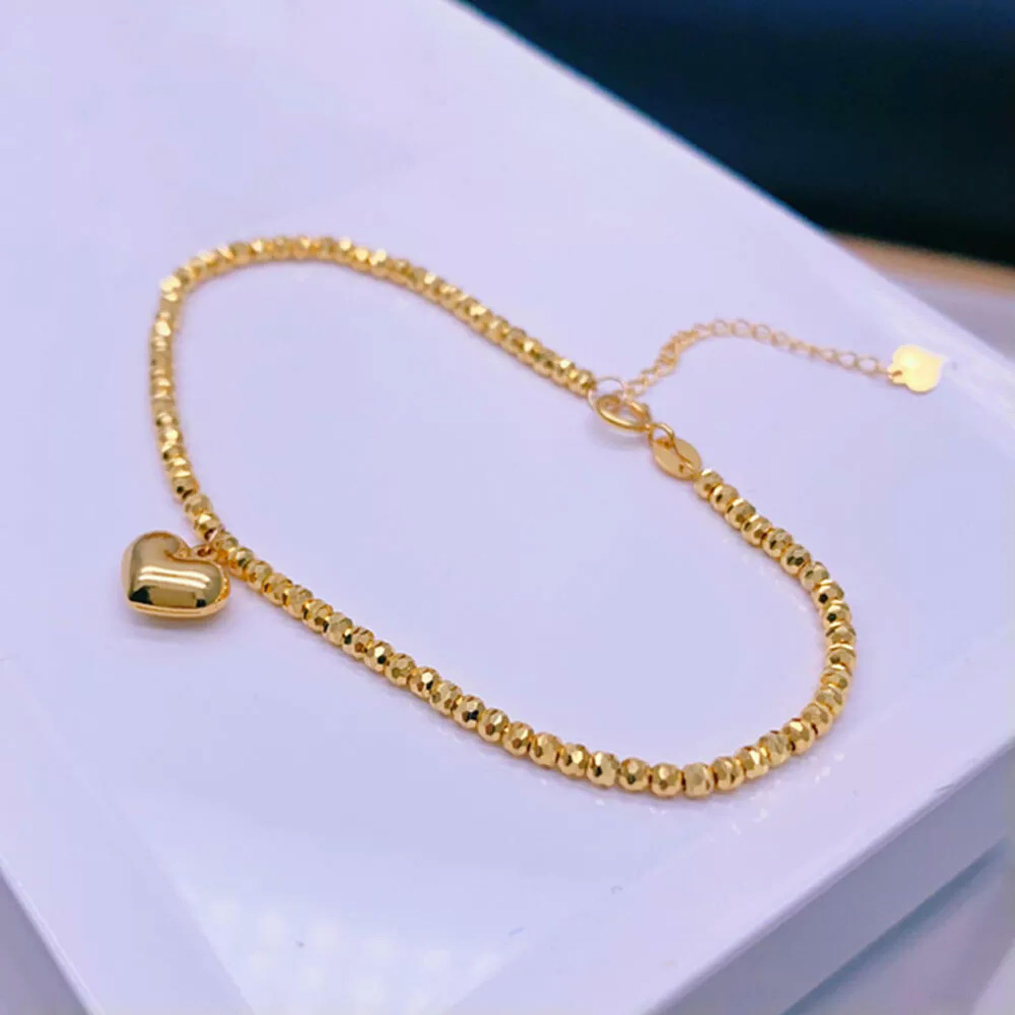 Pulsera de Cadena de eslabones con Dije de corazón y Cuentas de 1,8 mm de Ancho en Oro Amarillo Real de 18 Quilates