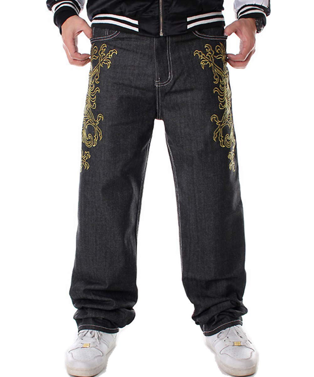 Sveizo Men's Hip Hop Embroidery Graphic Baggy Jeans Loose Pants-40 Black