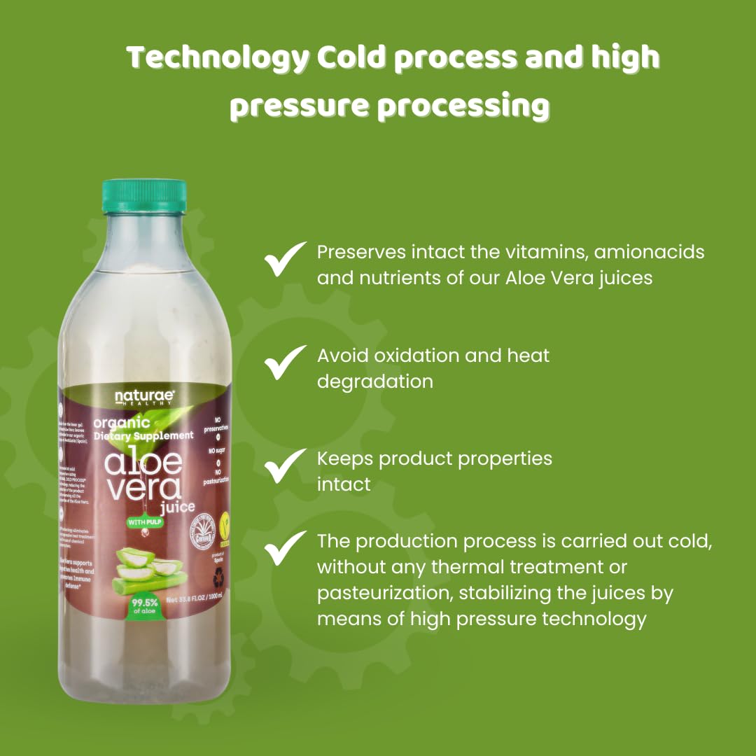 Naturae Healthy- Organic Aloe Vera Juice with Pulp – Cold-Processed from Fresh Leaves – Pure, Natural & Vegan - 33.8 fl oz Bottle