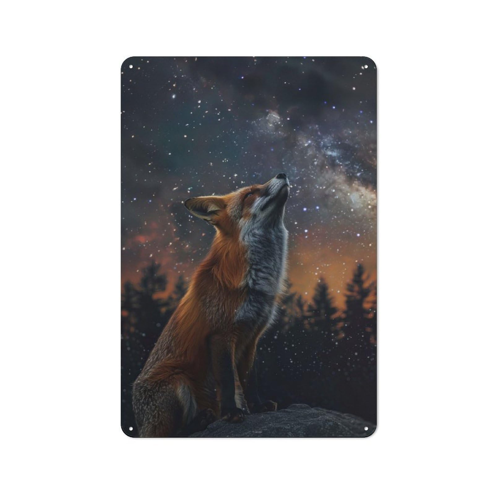 Junmoney Starry Night Fox Warehouse Style Tin Wall Sign 30X20cm Featuring Loft Wall Plaque For Loft, Studio, Office Or Creative Room