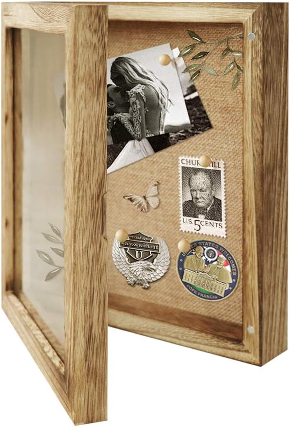 LadyRosian 8x10 Display Case - Wood & Glass Shadow Box Frame with Linen Background & 4 Stick Pins - Memory Box for Art Graduation Baby Wedding Military Sport Tickets and Photos