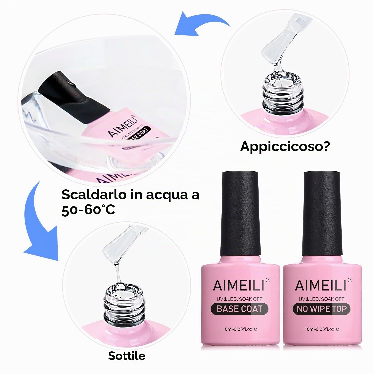 AIMEILI Base e Top Coat Semipermanente Smalto per Unghie in Gel UV LED Soak Off Kit Senza HEMA per Manicure 10ml