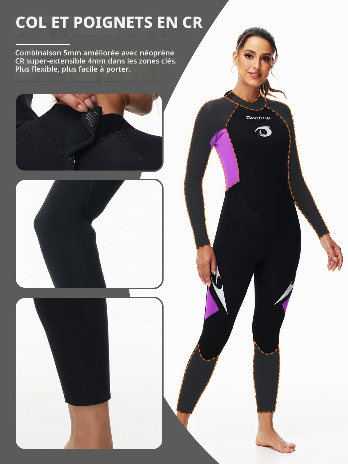 Owntop Combinaison de plongée en néoprène pour homme et femme avec fermeture éclair dans le dos, combinaison de plongée pleine longueur pour adulte, peau de plongée thermique flexible pour la plongée