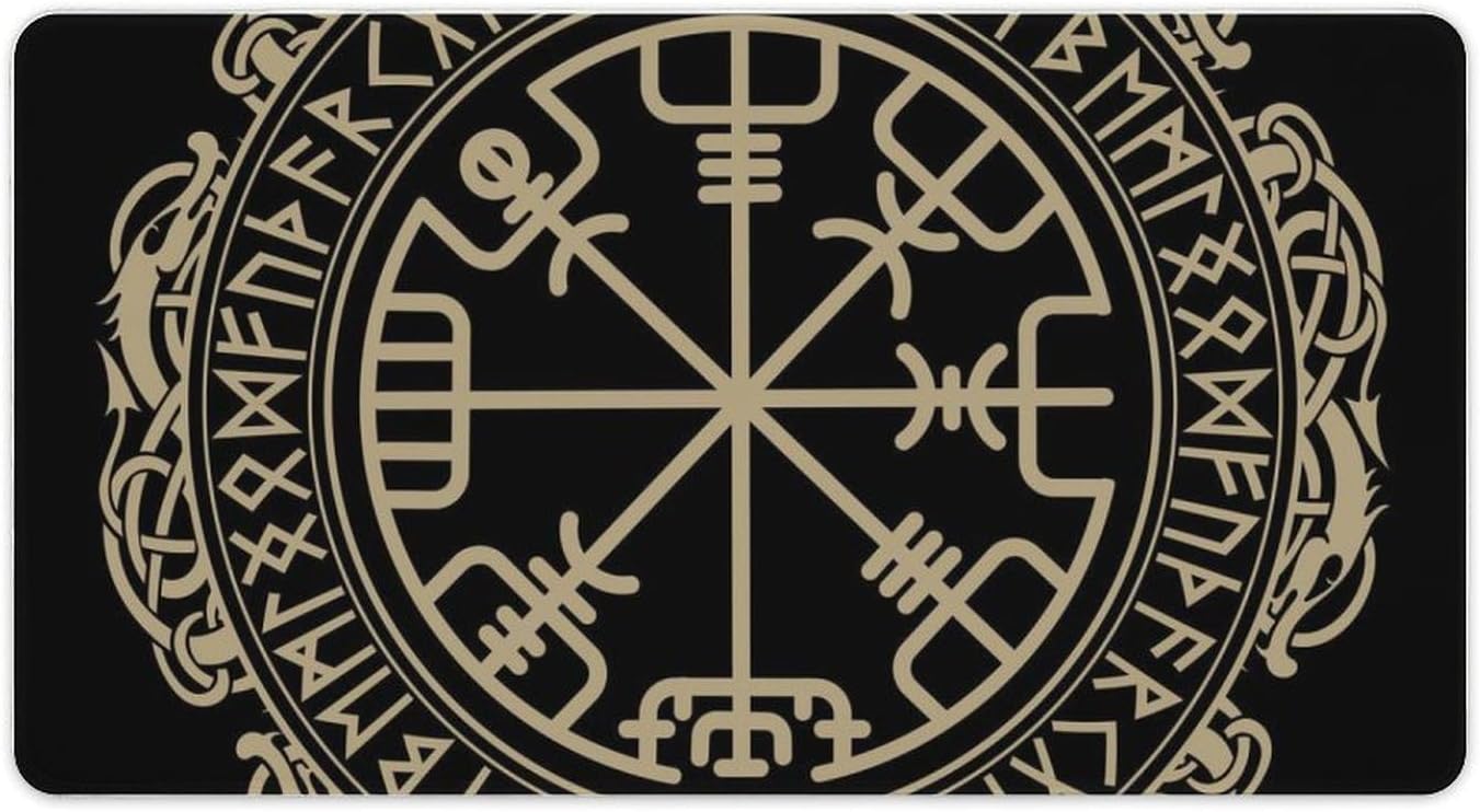 Black Celtic Viking Design Magical Runic Compass Vegvisir in The Circle of Norse Runes and Dragons Tattoo Decorative Fashionable Anti Slip Table Mat, Waterproof Mouse Protection Pad 40X75cm