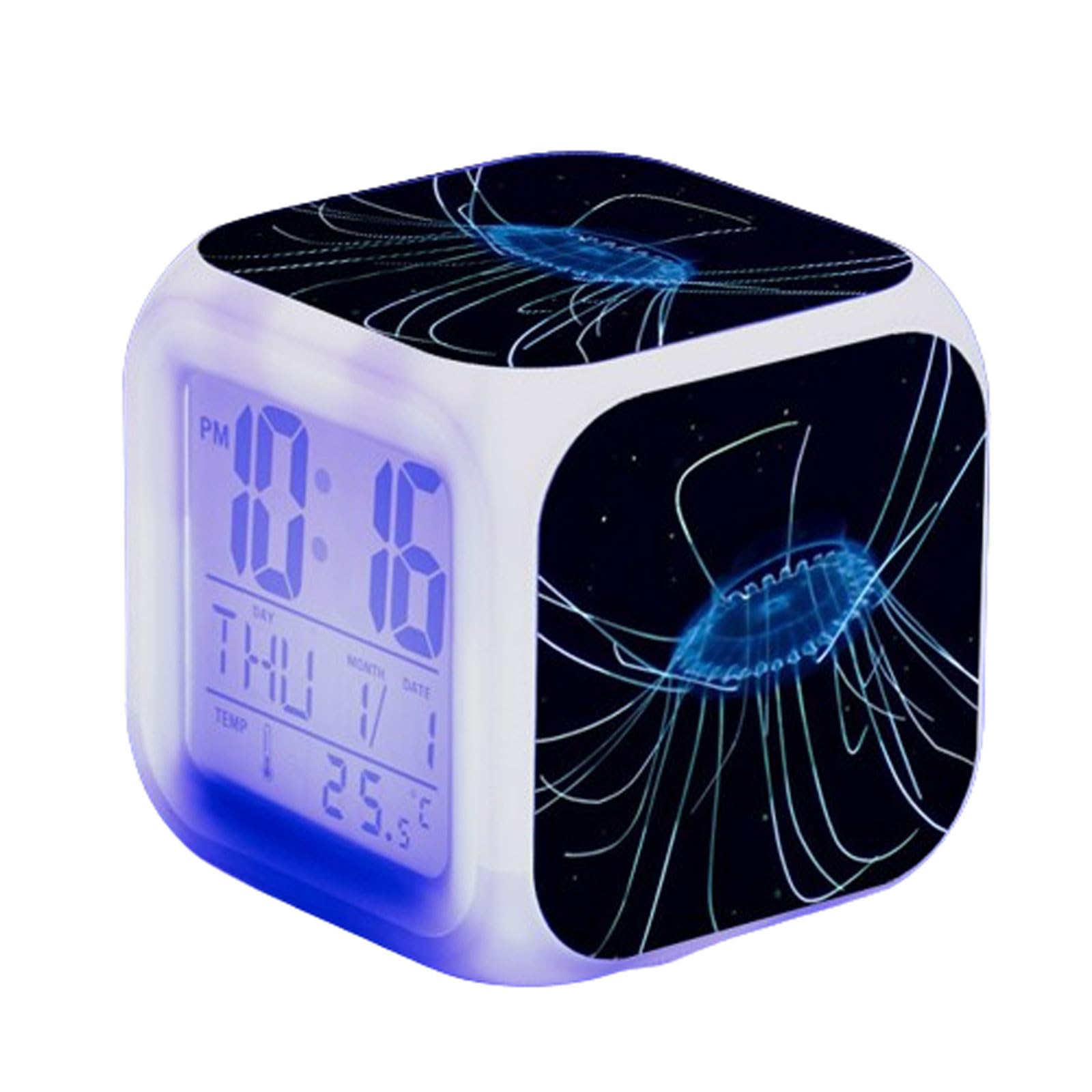 Blissbuilt Jellyfish Digital Alarm Clock Mini LED Bedside,Cube Alarm Clock With Colorful Night Light,Date,Time,Temp Display,sleep Trainer,Bedroom Decorations