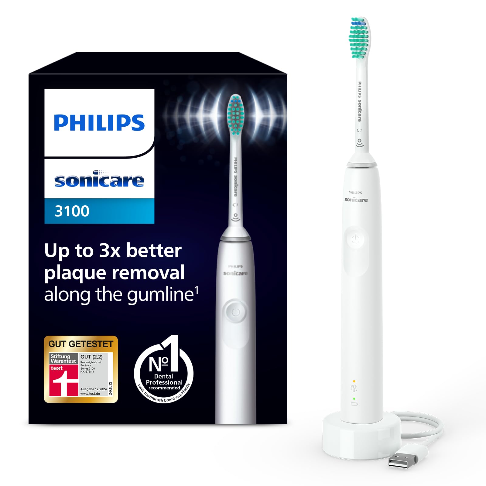 Philips Sonicare 3100 elektrische Zahnbürste, Schallzahnbürste, Andruckkontrolle und Timer, Weiß, Modell HX3671/13