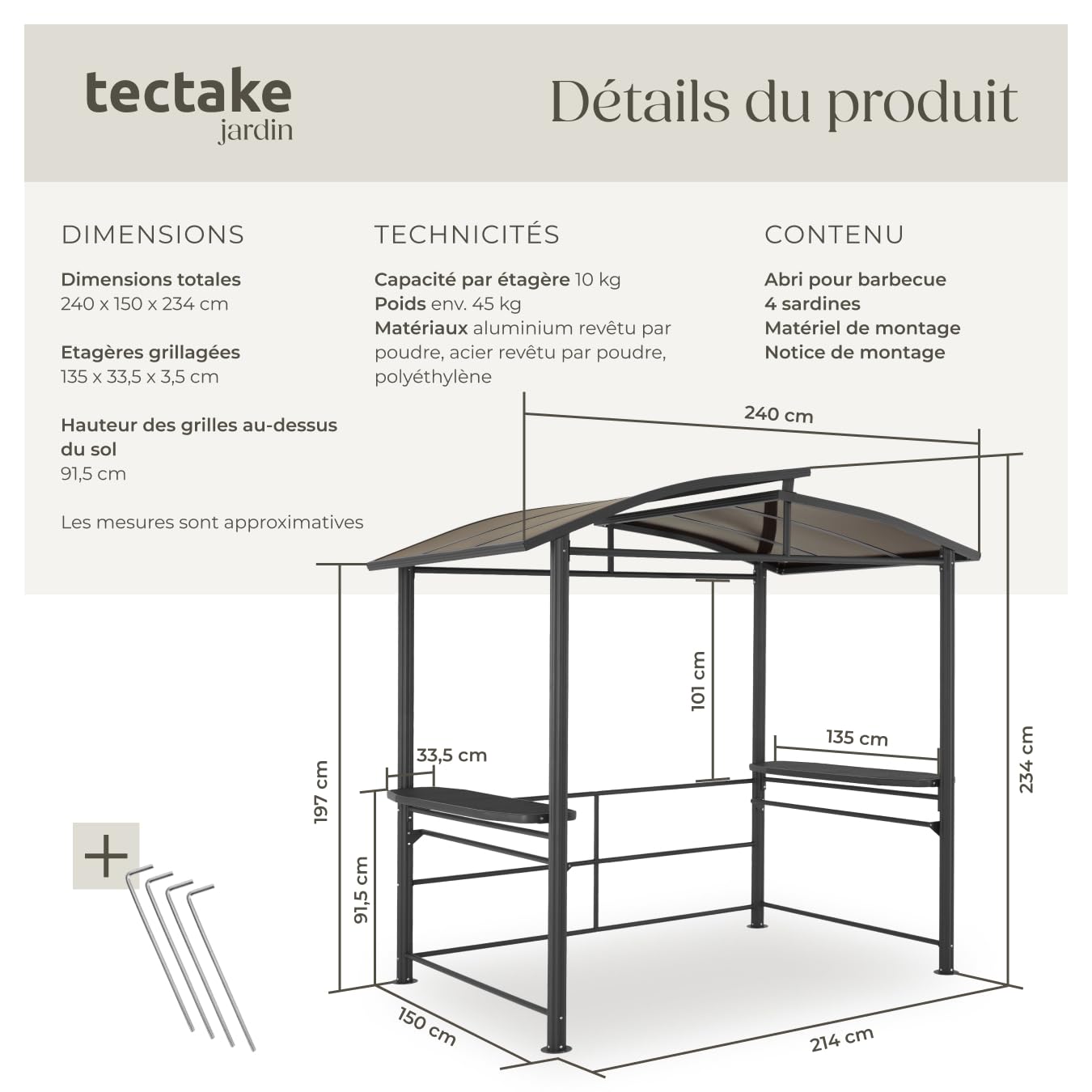 tectake® Abri pour Barbecue Tonnelle de Jardin 240x150x234cm en Aluminium Solide, Résistant aux intermpéries, Montage Facile, Tonnelle terrasse Exterieur Barnum Barbecue Electrique Barbecue à Charbon