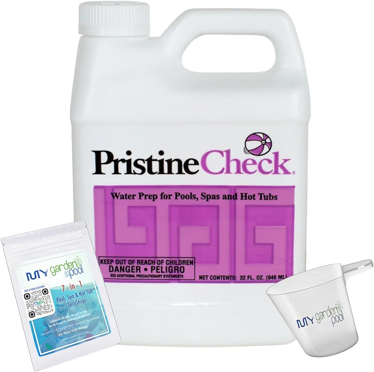 PristineCheck 32 Pre Treatment Water Prep for Pools & Spas Removes Metals & Enhances Effectiveness of PristineBlue System Includes My Garden Pool Measuring Cup and Test Strips