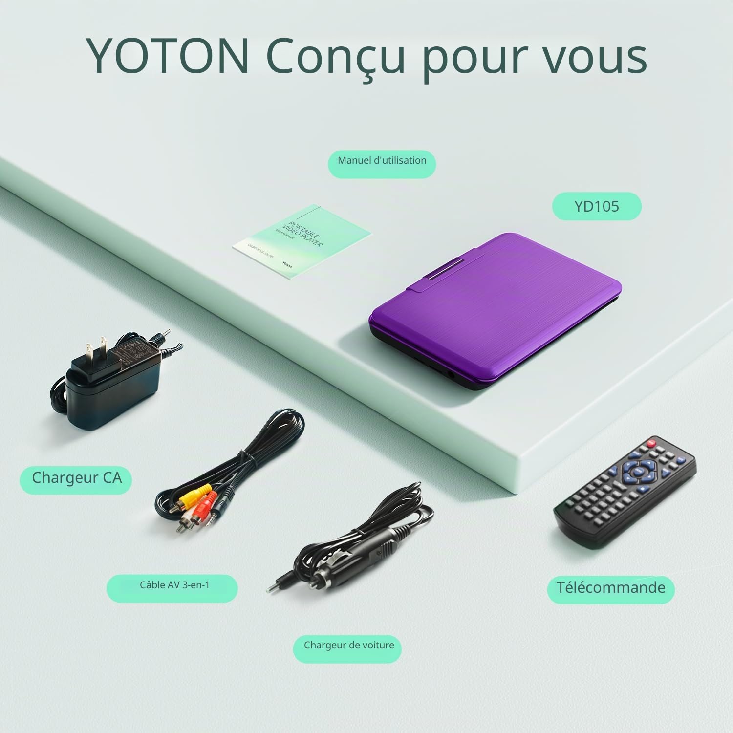 Yoton Lecteur DVD Portable 12,5" Écran Pivotant HD 10,5" avec Batterie Intégrée 6 Heures USB/SD/TV