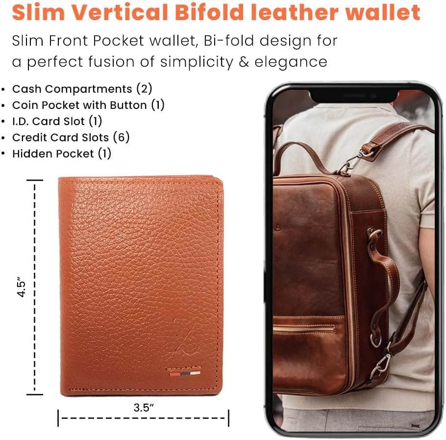 Leather Bifold Wallet For Men Top Grain Slim Wallets With Coin Pocket (Mustard) - Image 3