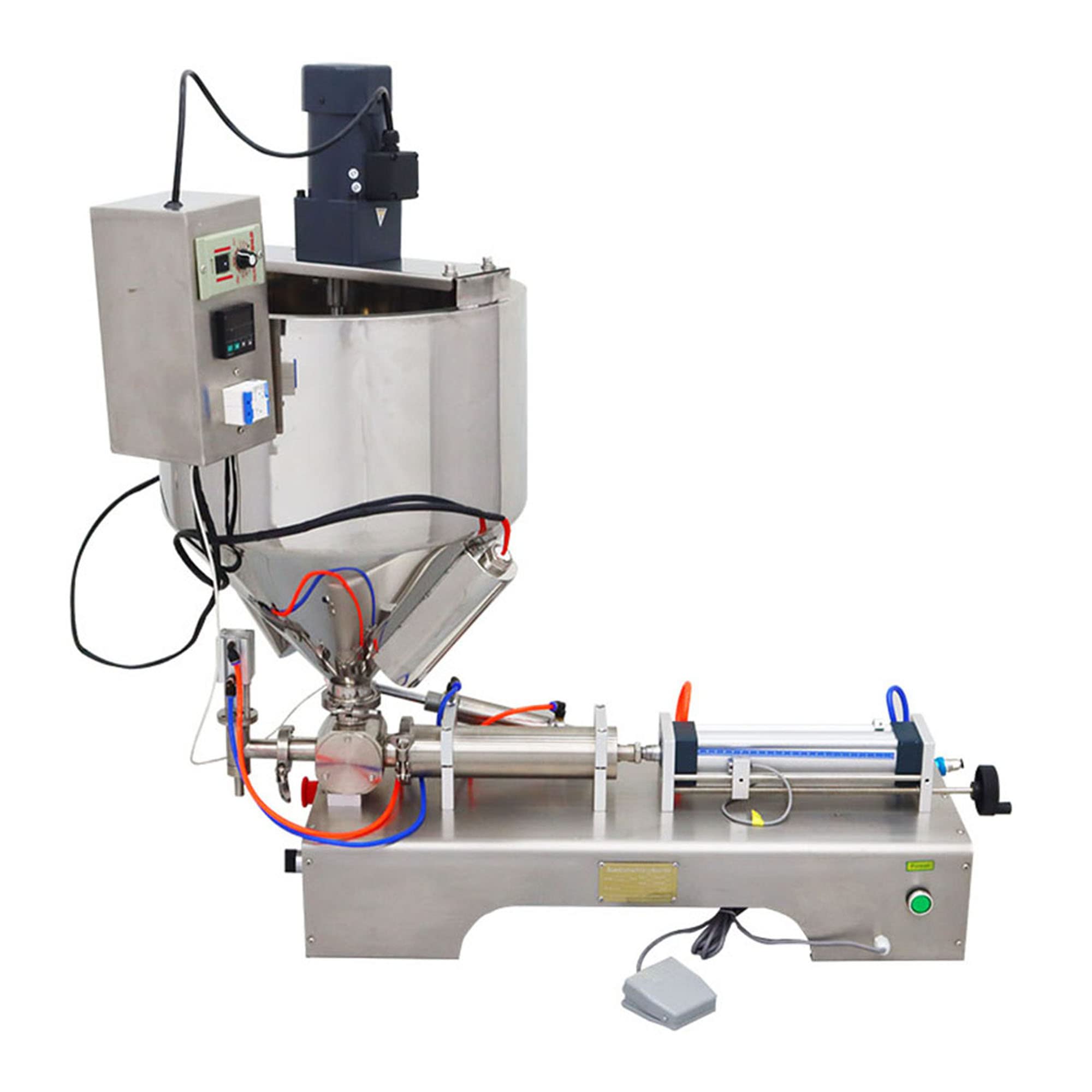 HQHAOTWU Paste Liquid Filling Machine Heating and Stirring Pneumatic Stainless Steel Filler One Nozzle for Water Oil Cream 100-1000ml 110V