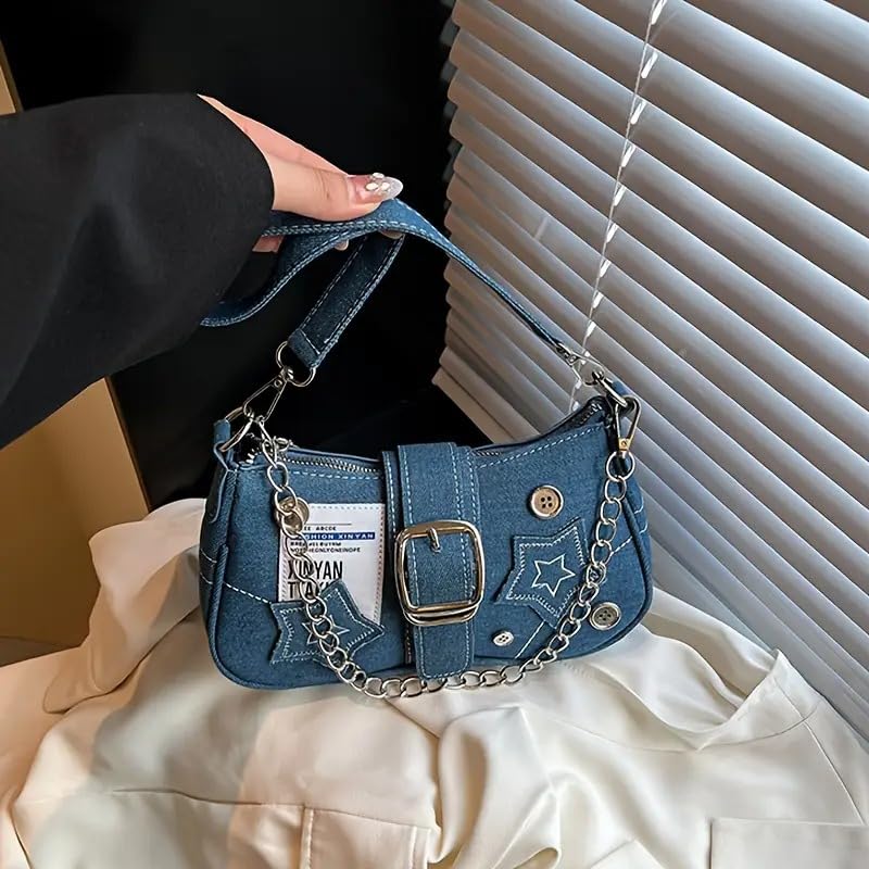 Image of Kawn Denim Shoulder Bag for Women, Canvas Aesthetic Crossbody Bag, Lightweight Hobo Handbags, Retro Messenger Bag for Teen Girls, Casual Style Jeans Purse for everyday Use with Zipper Pockets