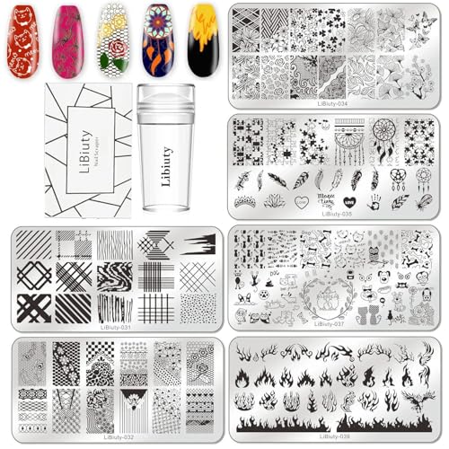 6 Piezas Nail Art Stamping Kit,Nail Art Placas de estampación para manicura + 1 Stk Silicona Sello