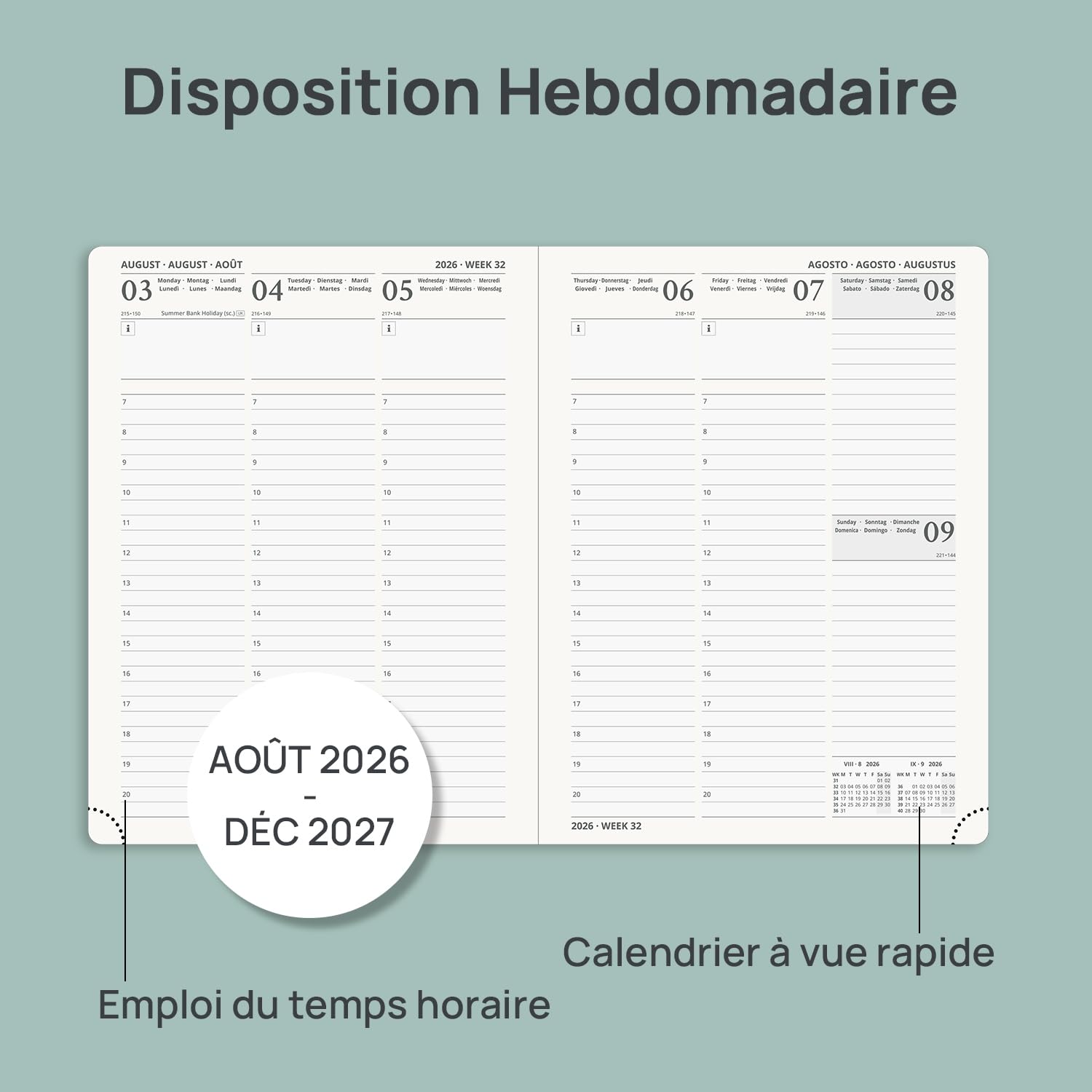 POPRUN Agenda 2026 2027 Semainier Vertical 22 x 16,5cm 17 Mois Planner Scolaire Couverture Souple PU Cuir Vert-Gris
