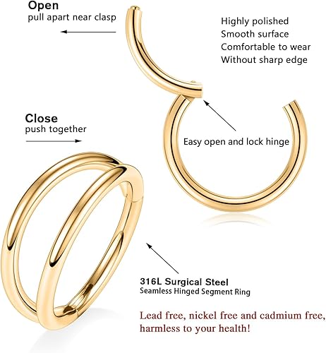 Miniatura 3 de PEAKLINK Juego de anillos de doble nariz con bisagras, anillo de segmento sin costuras, 20G, 18G, 16G, septum, joyería para el tabique, hélix,