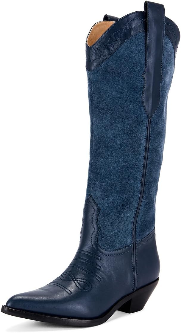 Tang'scuisins Women Modern Closed Pointed Toe Knee High Boots Chunky Mid Heel Pull on Riding Boots Casual Outdoor Dress Office Cowboy Boots Size 4-16 US