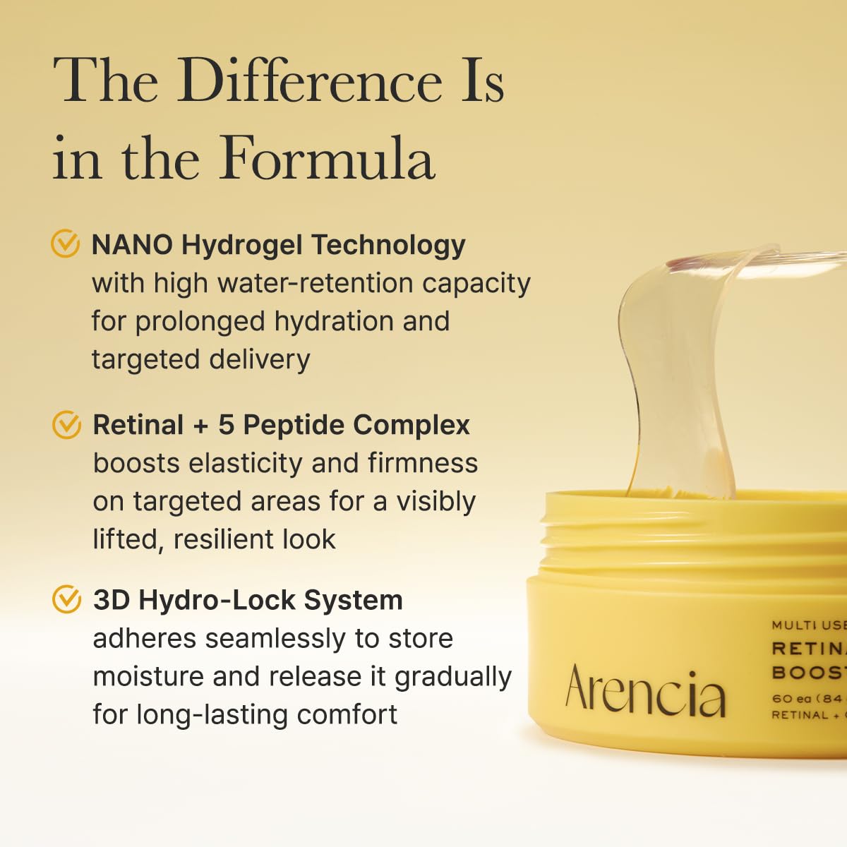 ARENCIA Retinal Boosting Eye Mask, Hydrogel Under Eye Patches with Peptides for Dark Circles, Puffiness, Fine Lines, 60 Patches, 2.96 oz - Image 3