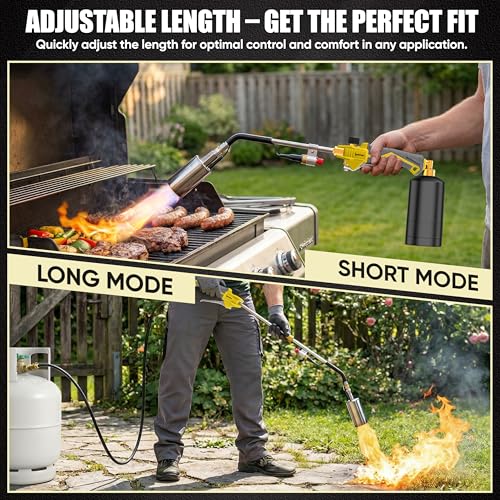 Propane Torch Weed Burner Heavy Duty - 340,000 BTU Weed Torch with 2 Extension Modes, Piezo Trigger(Self Igniting)&12.5ft Hose, Multi-fuel Compatible(1lb-100lb) for Weeds, Ice Melting, Roofing, Yellow by IgnitChef - Image 7