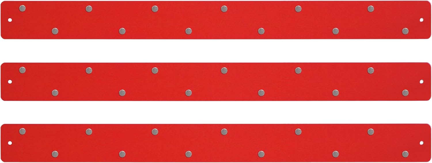 Three by Three Seattle Large Magnetic Strip Bulletin Board (3-Pack) – 28″ × 2.5″ Metal Magnetic Display Board with 12 Neodymium Magnets Each (Red)