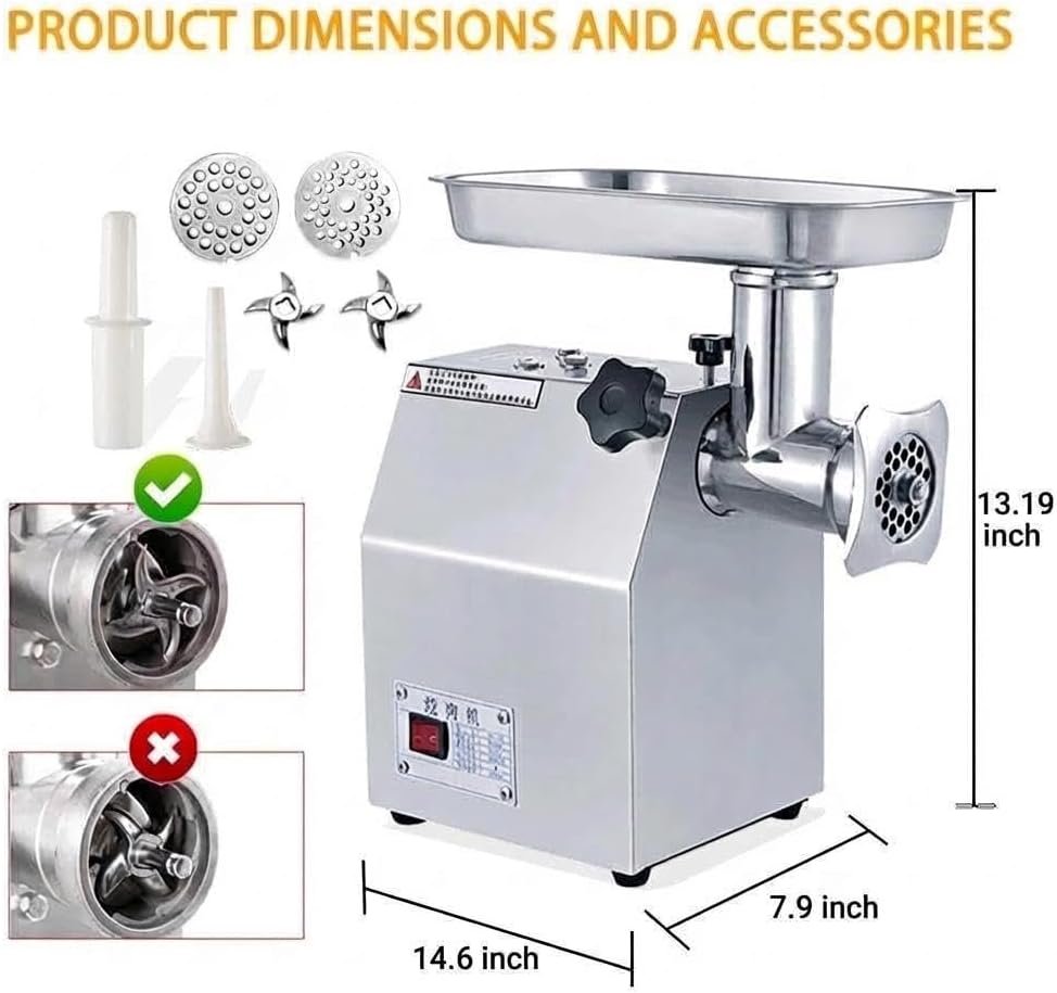 800W Commercial Electric Meat Grinder for Home and Restaurant, Heavy Duty Stainless Steel Mincer with Sausage Stuffer, 6mm/8mm Plates, Dual Blades, Food Processor for Meat, Poultry, Fish, Veg