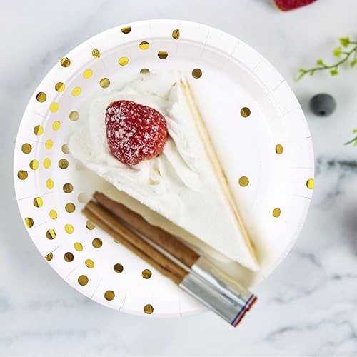 Miniatura 5 de Suministros de fiesta blancos y dorados, platos de postre de papel de punto dorado (50 unidades)