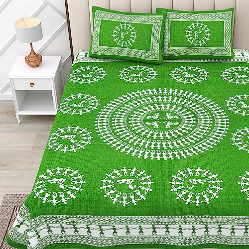 Image of RajasthaniKart Pure 100% Cotton Double Bed Sheet with 2 Pillow Covers (Bedsheet for Double Bed Cton, Green, 5276)