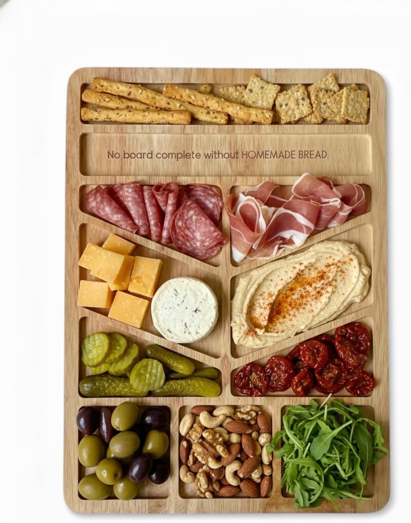 Reversible Wooden Charcuterie Board with Engraved Labels by RUCULA, Large 2 in 1 Cheese Board with Smooth Cutting Side, Serving Snacks Tray; Natural Gift-Ready Box; Kitchen Housewarming Gift 17x12