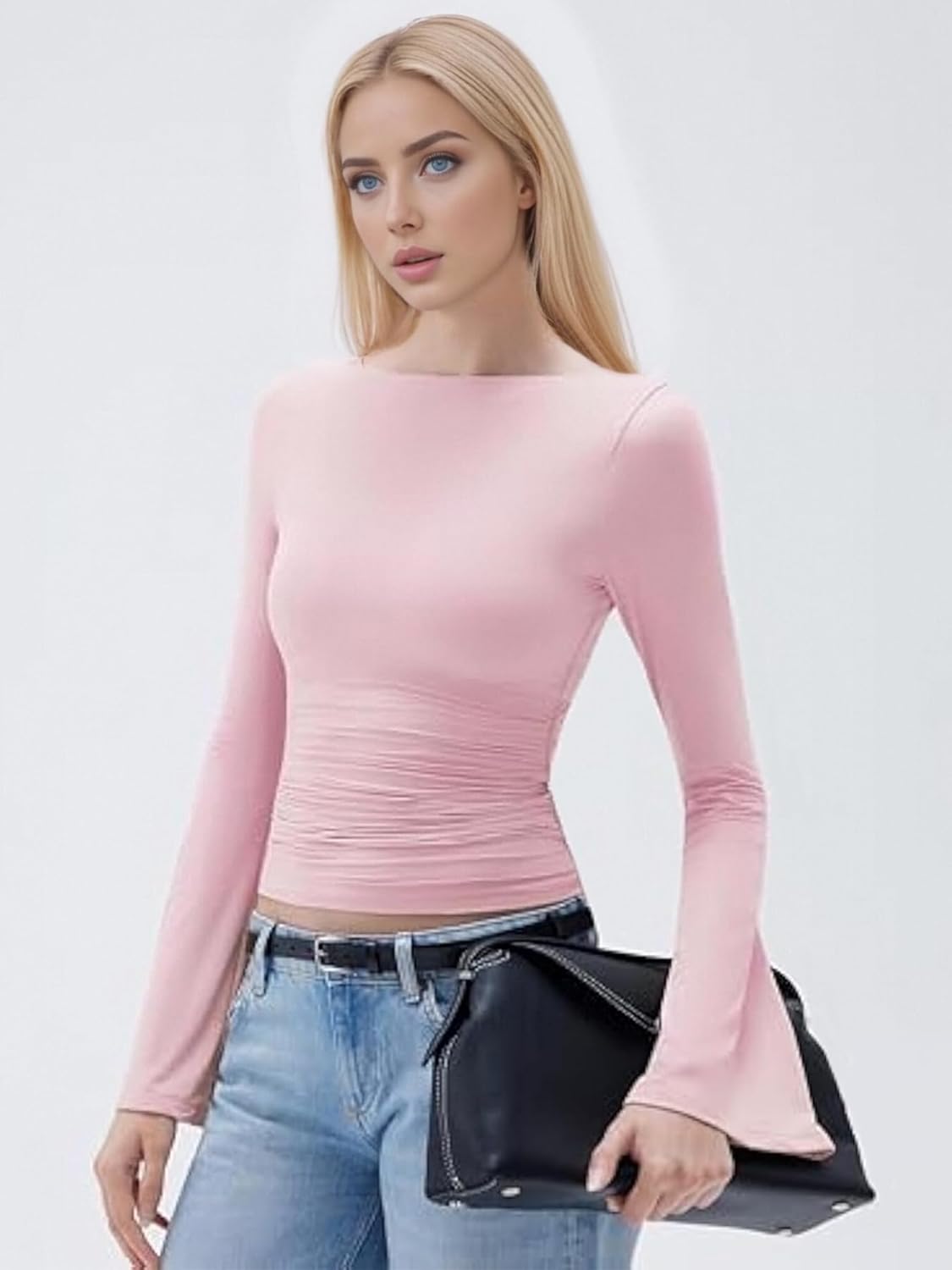 Women Sexy Bell Sleeve Tops Slim Fit Crew Neck Long Sleeve Fitted Going Out Party Club Basic T Shirts - Image 5