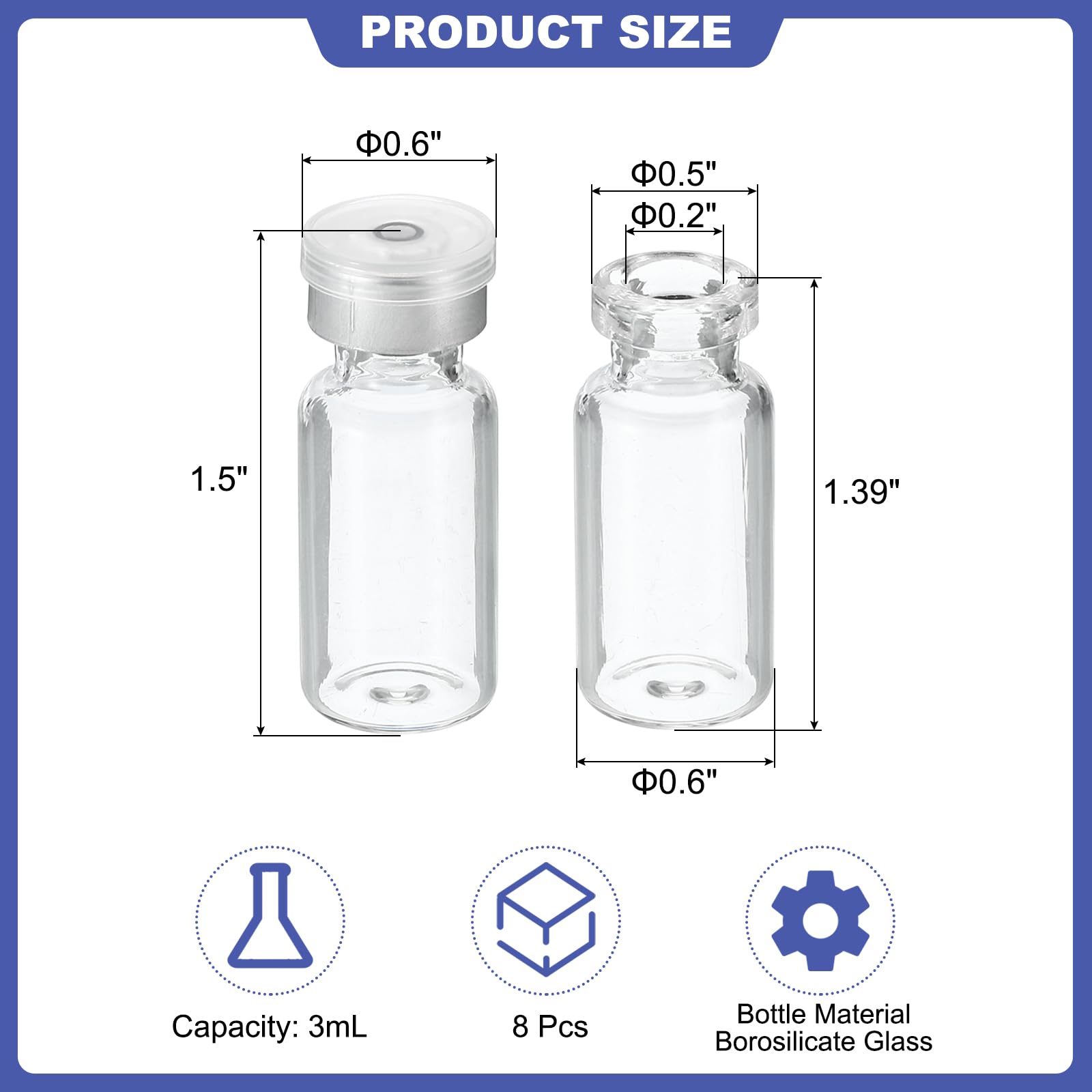 PATIKIL 3ml Fiale 8 Pacco Laboratorio Vuote Fiale con Butile Gomma Tappo e pinze Superiore Tappi Borosilicato Vetro Fiala Trasparente