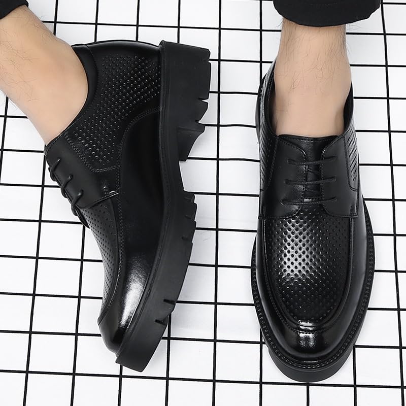 Men's Shiny Patent Leather Oxford Shoes Perforated Fashion Slip-On Round Anti-Slip Mid Chunky Heels Formal Dress Loafers Low Top Work Dress Shoes4